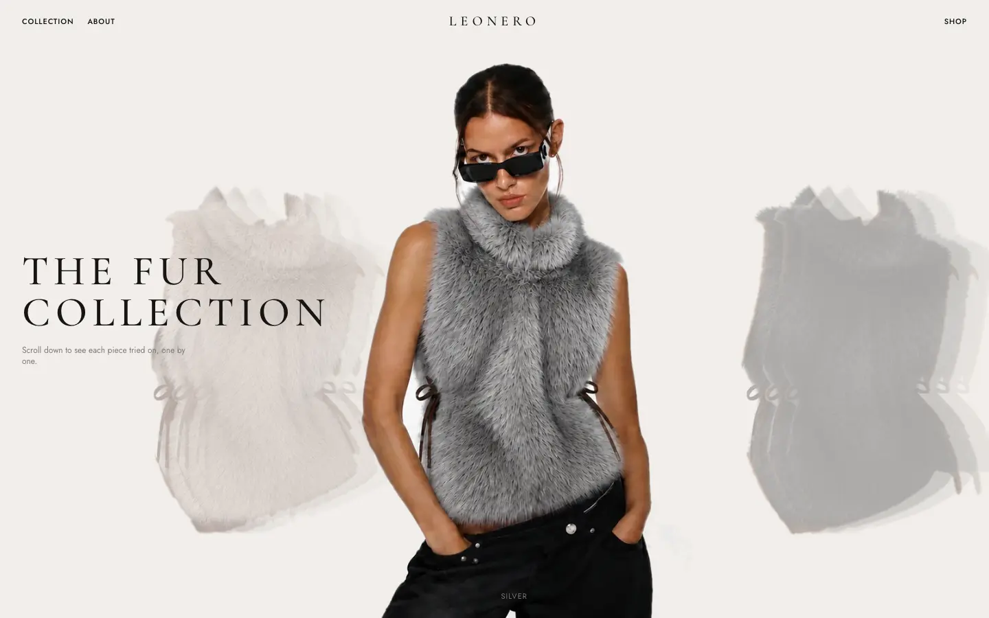LEONERO home screen: The Fur Collection with a model wearing a grey fur cape