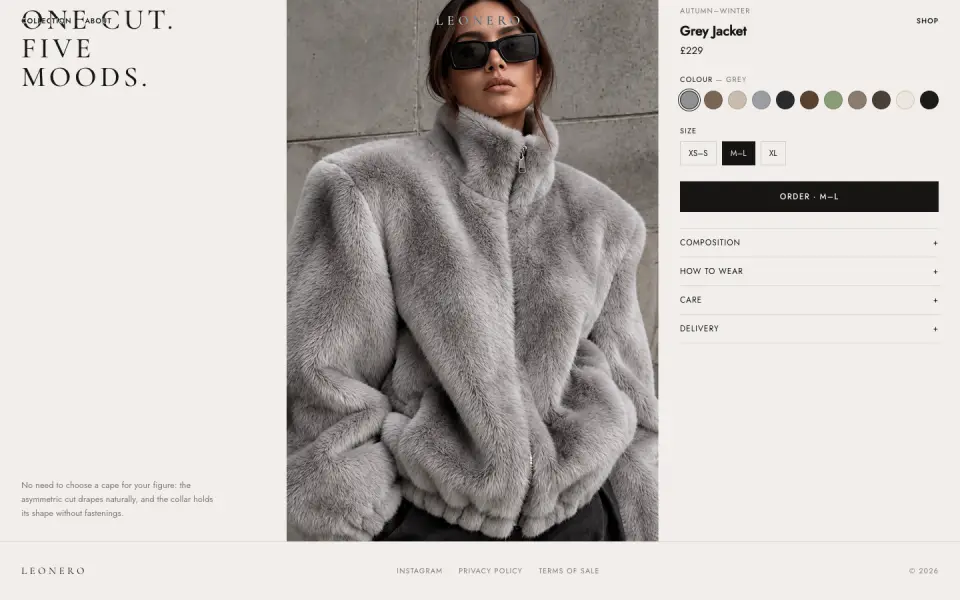 LEONERO product page: grey jacket with colour and size options